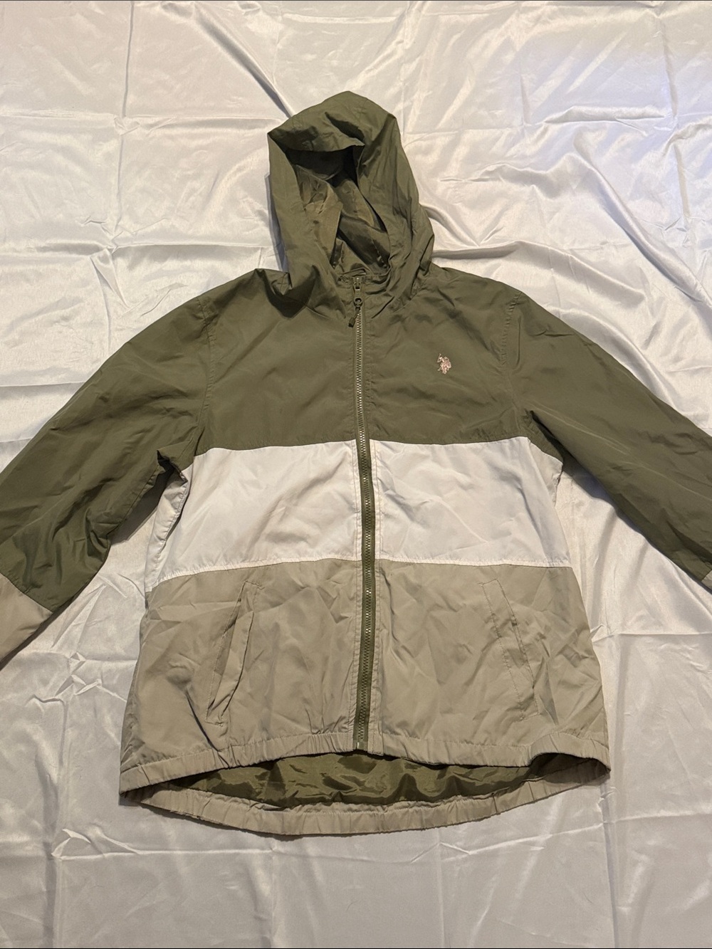 U.S. Polo Assn. Olive, White & Beige Colorblock Hooded Rain Jacket